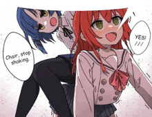 a girl with red hair is being lifted by another girl who says " chair stop shaking "