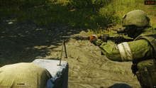 a soldier in a video game is aiming a rifle at another soldier while a clock reads 4:04