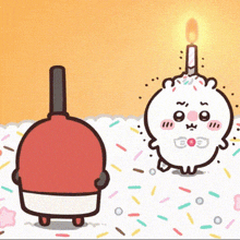 two cartoon characters are standing next to each other on a cake with a candle .
