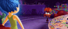 two cartoon characters are standing next to each other in a room