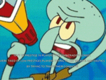 a cartoon of squidward with the words " give us prestige 10 players our own trading lobby " at the bottom