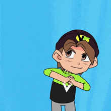 a cartoon character holding a card that says veefriends on it
