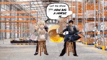 a man and a girl in a warehouse with a speech bubble saying let me show you how big a horse is