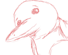 a drawing of a bird with a long beak and a red eye
