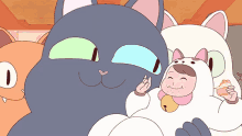 a cartoon of a girl in a cat costume laying next to two cats