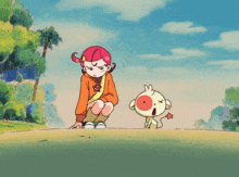 a girl with pink hair is kneeling next to a white dog with a star on its tail