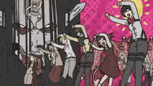 a group of people are standing in front of a giant monster