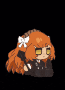 a cartoon drawing of a girl with red hair and yellow eyes holding a gun and a book that says " live alone "