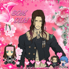 a man with long hair is surrounded by pink flowers and hearts and says bom dia