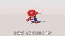 mario is wearing a red hat and white gloves and says `` here we goooo ! ''