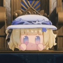 a cartoon girl wearing a white hat with a blue ribbon