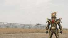a man in a black and gold costume is standing in a field with a beam of light coming out of his chest