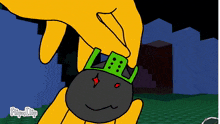 a cartoon drawing of a person holding a rock with a green crown on it