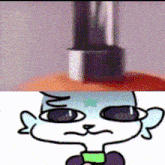 a close up of a bottle and a cartoon character
