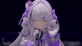 a purple and white anime girl with a microphone