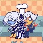 a pixel art drawing of a couple of people standing next to each other with a chef 's hat .