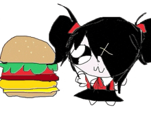 a drawing of a girl standing next to a hamburger with an x on her forehead