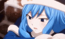 a close up of a girl with blue hair wearing a white hat and a blue jacket .