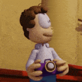 a cartoon character is holding a purple camera in his hand .