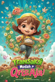 a poster for transaksi mudah qrisaja shows a little girl surrounded by flowers