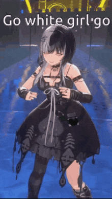a girl in a black dress is dancing with the words go white girl go on the bottom