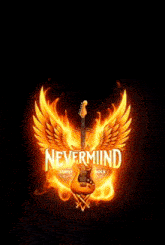 a guitar with flames around it and the words nevermind