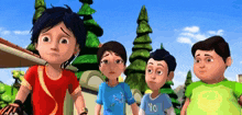 a group of cartoon characters are standing next to each other and one of them has a shirt that says yo