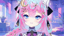 a girl with pink hair and blue eyes has a star on her head