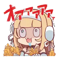 a cartoon of a girl with a surprised look on her face holding a bunch of leaves .