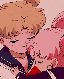 two anime girls are hugging each other and their eyes are closed