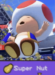 a cartoon toad is laying on a purple surface with the words super nut below him