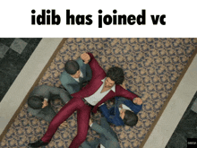 a man in a red suit is laying on the floor with a caption that says " idib has joined vc "