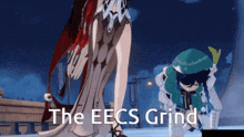 a video game character kneeling down with the words the eecs grind