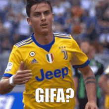 a soccer player wearing a yellow jeep jersey says gifa
