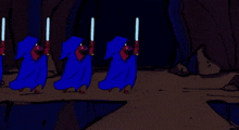 a cartoon drawing of a group of people holding swords