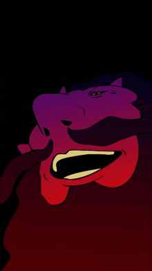a purple cartoon character with a red tongue is laying down