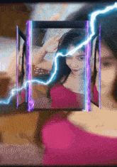 a woman in a pink top is surrounded by lightning