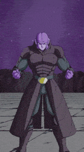 a cartoon character with a purple head is standing in front of a purple background with chinese writing