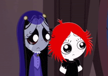 a cartoon character with red hair and a purple dress