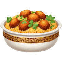 a white bowl filled with rice and meatballs