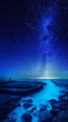 a person standing on a rocky beach under a starry sky