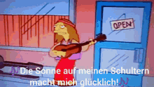 a cartoon character playing a guitar in front of a door that says open
