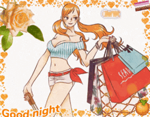 a drawing of a woman holding shopping bags with the words goodnight written on the bottom