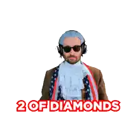 a man holding a playing card with the words 2 of diamonds on the bottom
