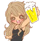 a pixel art drawing of a woman holding a glass of beer