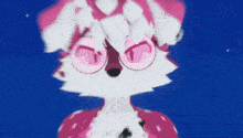 a close up of a pink and white cartoon character with a blue background