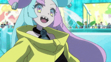 a colorful anime character with a yellow jacket and a yellow collar