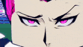 a close up of a cartoon character 's face with pink eyes and black hair .