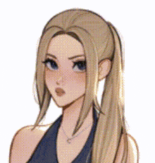 a cartoon girl with long blonde hair and a ponytail is wearing a blue top and a necklace .