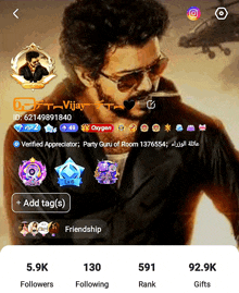 a screenshot of vijay 's profile with a picture of him wearing sunglasses